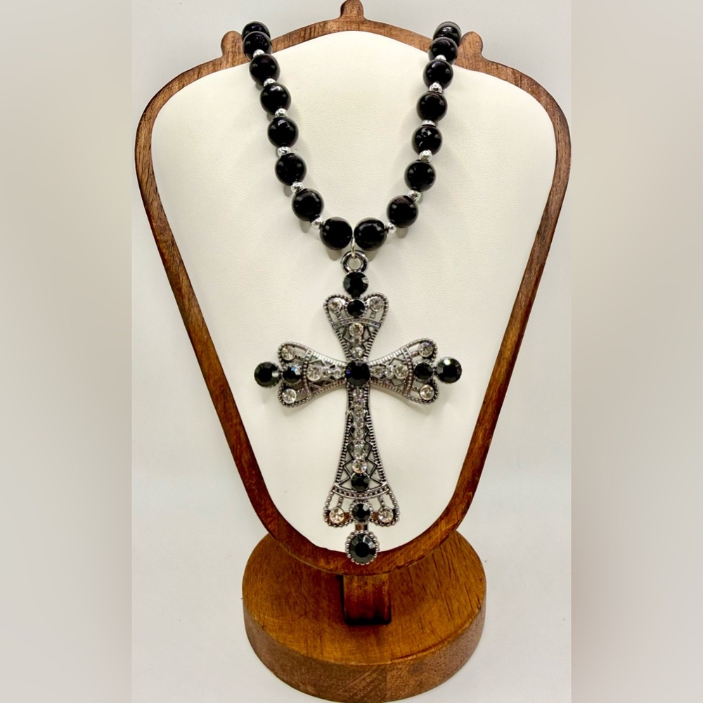 Black Cross Statement Necklace Rhinestone Pendant